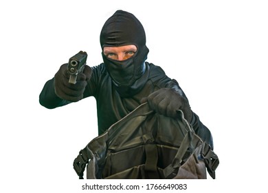 Portrait Of Man In Balaclava Mask Holding Gun In Front Of Security Metal Vault Door In Bank Or Casino Heist Concept Isolated On White Background