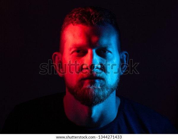 Portrait Man Beard Red Blue Neon Stock Photo Edit Now