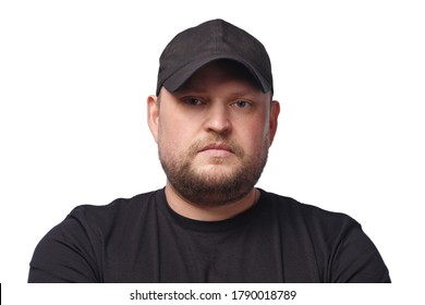 Portrait Of Man In Black Ball Cap On White Background