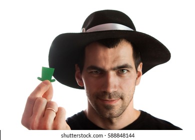 Portrait Man In Black Hat Isolated On White Background