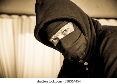 Portrait Man In Black Mask Evil Criminal,Dangerous Man ,Crime Concept