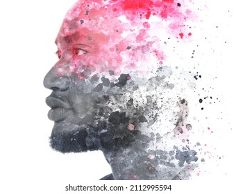 A portrait of a man combined with black ink splashes. Paintography.