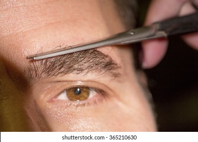 Portrait Of Man Cutting Eyebrow Hairs.