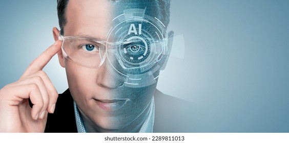 Portrait of a man with glasses. Half face in cyberspace. Artificial intelligence concept