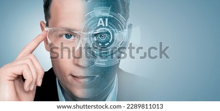 Portrait of a man with glasses. Half face in cyberspace. Artificial intelligence concept