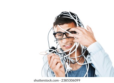 Portrait of man in glasses tangled in cables, wire and isolated on white background. Face of serious geek with cord, wiring and technology of nerd or electrician, mistake and problem on mockup space