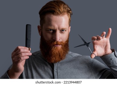 Portrait Of Man Has Beard And Hairstyle In Studio. Man Hold Barber Scissors And Comb.