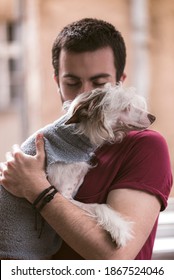 Portrait of a man and his puppy, chinese crested dog, looking outside through a big home window