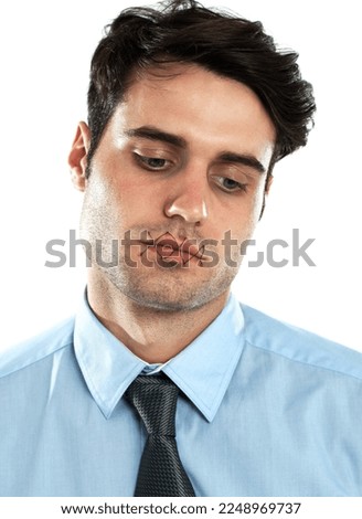 Portrait of man with mouth sewn shut, mental health and silence isolated on white background. Victim censorship, depression and abuse, businessman and mens health narrative stitched lips in studio.