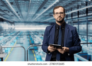 Portrait of man optimizing microchip smart factory supply chain logistics. Professional monitoring industry 4.0 semiconductor manufacturing plant systems, planning upgrades