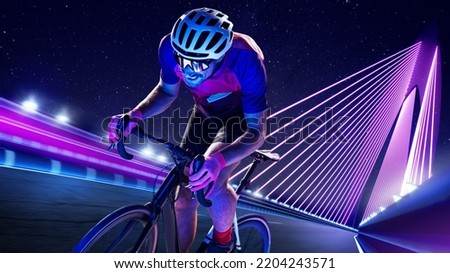 Portrait of man, professional cyclist training, riding on bridge in purple neon over dark background. Evening ride. Concept of sport, lifestyle, health, outdoor training, speed development