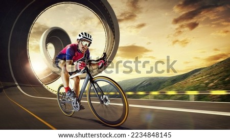 Portrait of man, professional cyclist training, riding on bike on road at sunset. Beautiful view of nature. Concept of sport, lifestyle, health, outdoor training, speed development, urban style