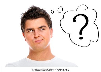 A Portrait Of A Man With A Question Mark Over White Background