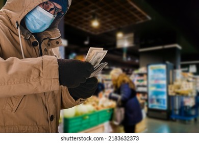 Portrait Of Man In Safety Medical Mask Holding Big Cash Money Pack, Elderly People During A Pandemic