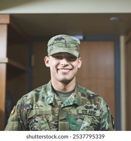 Portrait, man and solder with smile at military academy with training for service and war in USA. Male person, employee and happy or pride in confidence for protecting state as defense force - Powered by Shutterstock