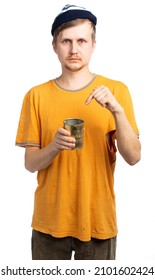 portrait of a man in a torn T-shirt, a hat with a tin can. a homeless vagabond, a poor, needy, beggar boy went broke. isolated, white background