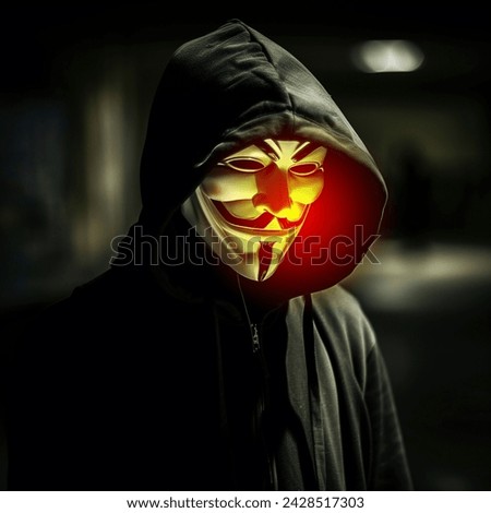 Portrait of man with Vendetta mask. This mask is a well-known symbol for the online hacktivist group Anonymous.Blurred background.
