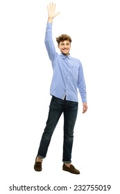 Portrait Of A Man Waving His Hand Over White Background