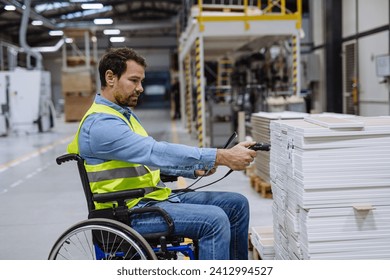 Portrait of man in wheelchair working in modern industrial factory, scanning with scanner. Concept of workers with disabilities, accessible workplace for employees with mobility impairment. - Powered by Shutterstock