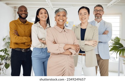 Portrait, management and arms crossed with a business team in the office for collaboration. Teamwork, diversity and leadership with a happy employee group together in their professional workplace - Powered by Shutterstock