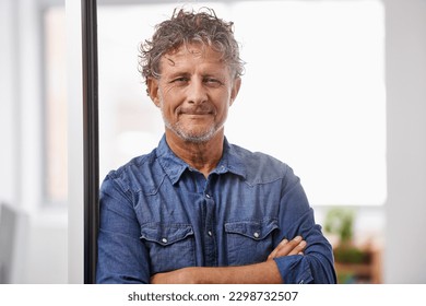 Portrait, mature and business man with arms crossed in office with pride for career, job or occupation. Entrepreneur, professional and male executive, confident boss and serious person from Australia