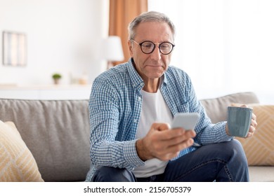 Portrait Of Mature Guy In Eyeglasses Using Mobile Phone With New Application Sitting On Couch, Reading News Or Message Drinking Coffee. Gadgets And Mobile Communication, Adult People And Tech Concept