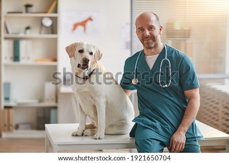 Portrait of mature male veterinarian smiling at camera while sitting on examination table with white Labrador dog at vet clinic, copy space