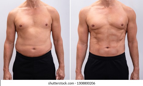 Portrait Of A Mature Man Before And After Weight Loss On White Background. Body Shape Was Altered During Retouching