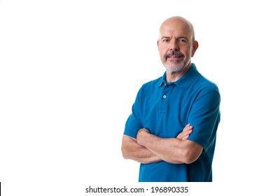 Portrait Of Mature Man In Blue Polo Shirt Fold His Arms Isolated On White