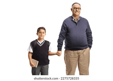 Portrait of a mature man holding hands with a schoolboy isolated on white background - Powered by Shutterstock