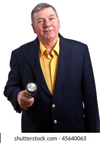 Portrait Of Mature Man Wearing Sport Coat And Holding Flashlight, Isolated On White Background