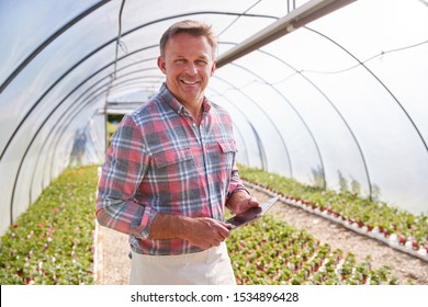 Portrait Of Mature Man Working In Garden Center Greenhouse With Digital Tablet And Checking Plants - Powered by Shutterstock