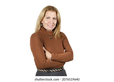 Portrait Of A Mature Woman 45-50 Years Old On A White Background, Isolated. The Woman Is Smiling, She Has Returned From Vacation And Looks Rested And Fresh. The Concept Of Health After 45 Years