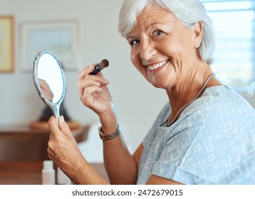 Portrait, mature woman and brush for makeup, foundation and cosmetics application with smile. Mirror, elderly person and self care routine as treatment for wrinkles, anti aging or beauty with results - Powered by Shutterstock