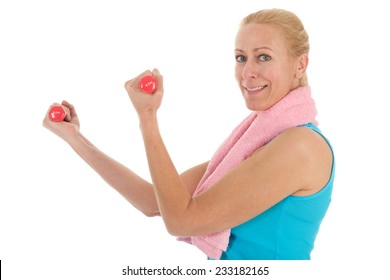 Portrait Mature Woman In Fitness Clothing With Dumbells Isolated Over White Background