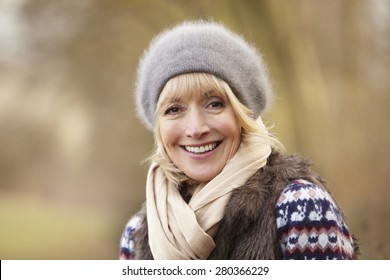 Portrait Mature Woman Outdoors In Winter