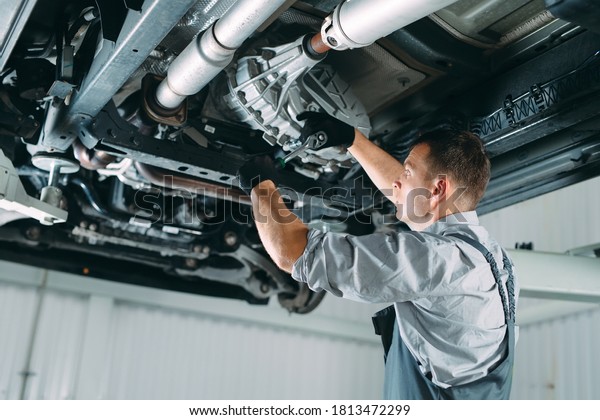 Portrait of a\
mechanic repairing a lifted\
car