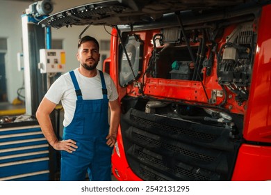 Portrait of mechanic stands confidently next to a large truck with its hood open. The mechanic wears blue overalls and a white t-shirt, with tools and equipment visible in the background. - Powered by Shutterstock