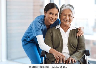 Portrait, medical or disability with a nurse and old woman in a wheelchair during a nursing home visit. Smile, healthcare or retirement with a happy female medicine professional and senior client - Powered by Shutterstock