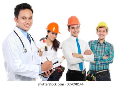 portrait of medical doctor and  patient in the background. worker and employee healthcare insurance concept