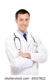 A portrait of a medical doctor posing against white background
