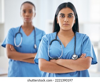 Portrait Medical Nurses, Healthcare Team And Hospital Staff, Clinic Support And Surgery Consulting. Focus, Young And Working Nursing Women, Professional Expert Wellness And Student Doctor Internship