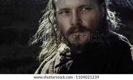 Portrait of Medieval Male Warrior. Medieval Reenactment.