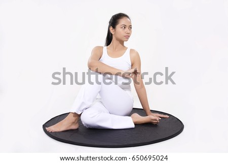 Portrait meditation of young woman gym, yoga exercise, isolated on white