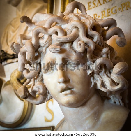Portrait of Medusa
In Greek mythology Medusa was a monster, a Gorgon, generally described as a winged human female with a hideous face and living venomous snakes in place of hair.