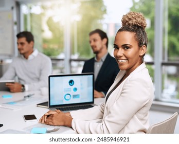 Portrait, meeting and happy business woman in office with data graph, chart or analysis on laptop. Face, investment analyst and smile of professional with computer for budget planning, stats and info - Powered by Shutterstock