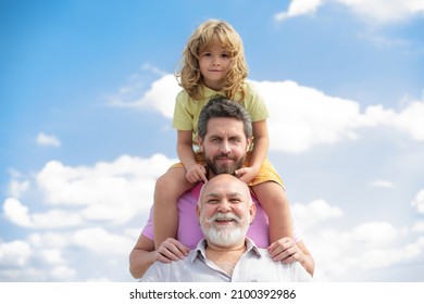 Portrait Of Men Generation Grandfather Father And Grand Son Outdoor On Sky. Fathers Day Concept. Men In Different Ages. Funny Men Faces.