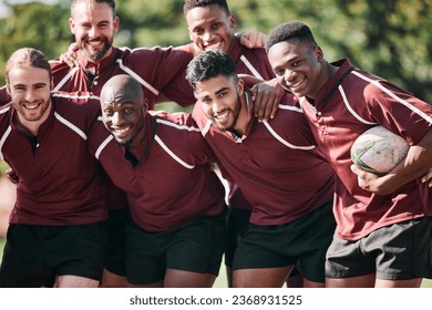 Portrait, men and rugby with smile while standing, together and happiness for victory. Team, young and boys for sports for bonding with exercise, fitness or winning of game, tournament or practice - Powered by Shutterstock