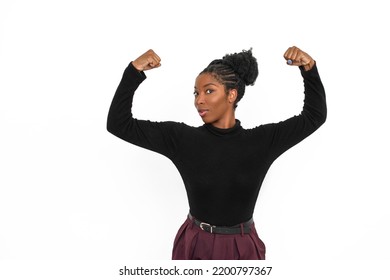 Portrait Of Merry African American Woman. Female Model In Turtleneck With Curly Hair Looking At Camera, Gesturing. Portrait, Studio Shot, Emotion Concept