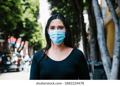 Portrait Of Mexican Business Woman With Face Mask In The Streets In A Colonial City Of Latin America For Coronavirus Pandemic